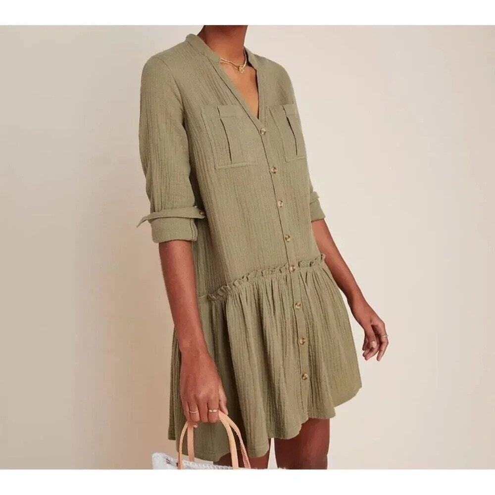 ANTHROPOLOGIE Maeve Katie Utility Tunic Dress Olive Green Size 8